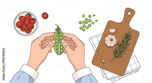 Hands shell fresh green peas from a pod on a white surface with tomatoes, garlic, rosemary, and a cutting board.