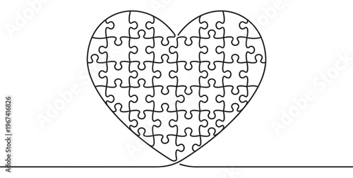 Continuous line drawing forms a heart shape filled with many puzzle pieces, symbolizing connection and unity