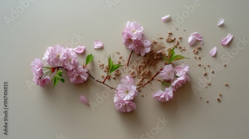Pink cherry blossoms create a soft pattern on a light background, with petals gently falling and scattered across the surface