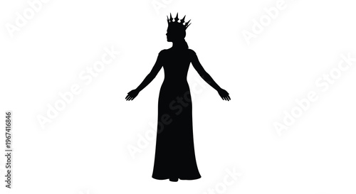 A regal queen in a long dress arms outstretched silhouette