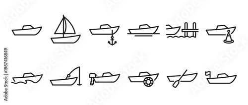 Collection of various boat outline icons, including sailboats, motorboats, and rowboats, presented in a clean, minimalist style