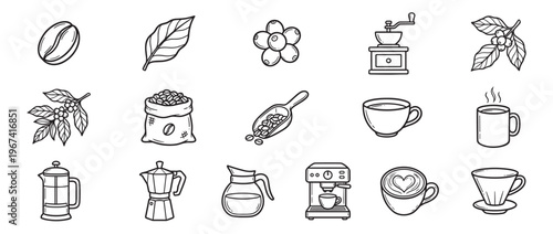 This collection of black outline coffee icons illustrates various elements from bean to brewed beverage