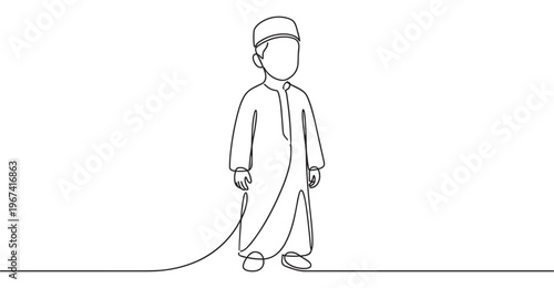 Young boy wearing a traditional Muslim kufi cap and long robe is depicted in a continuous line art style