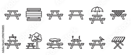 Collection of various black outline picnic table icons, depicting different styles and scenarios on a white surface
