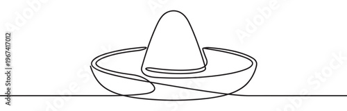 Black continuous line drawing of a traditional Mexican sombrero hat with a wide brim and tall crown