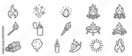 Collection of hand-drawn fire and heat-related icons, including flames, matches, lighters, torches, campfires, and a burning chili pepper, depicted in a clean, outlined style
