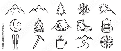 Collection of hand-drawn outdoor adventure and camping icons, including mountains, trees, campfire, tent, and hiking gear