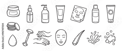 Collection of hand-drawn black and white illustrations depicting various skincare products and beauty routine elements in a clean, graphic style