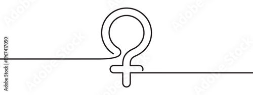 Continuous line drawing of a black female gender symbol on a clean white surface, representing femininity and equality