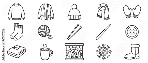 Collection of black outline winter and knitting themed icons, including clothing, tools, and cozy items, presented in a clean, illustrative style