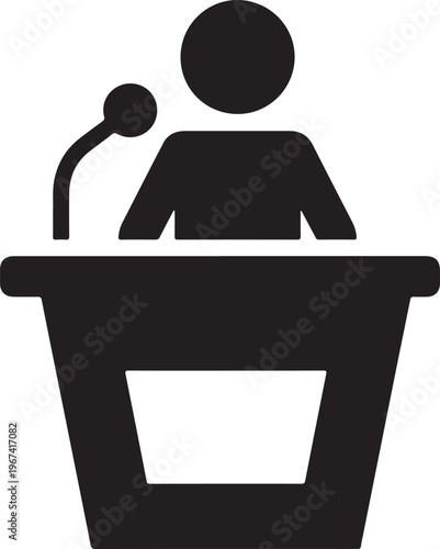 Person speaking at podium with microphone on white background speaker presentation