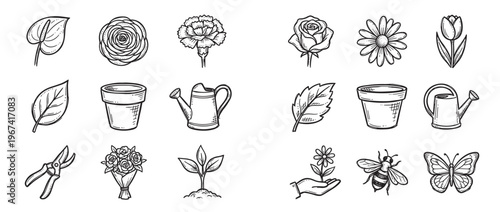 Various hand-drawn gardening and nature elements, including flowers, leaves, pots, tools, and insects, are depicted in a charming sketch style