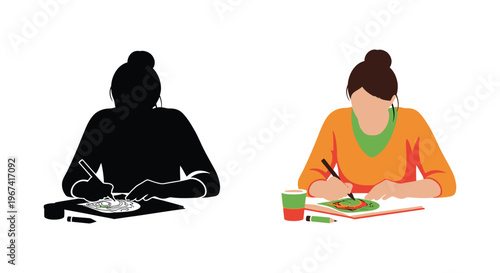 Woman drawing with a pen contrasted with her black silhouette