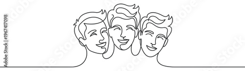 Three happy young men's faces are drawn in a continuous line art style, smiling brightly with closed eyes