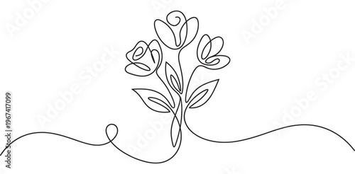 Beautiful minimalist continuous line art drawing of three abstract flowers with leaves, creating a graceful botanical illustration