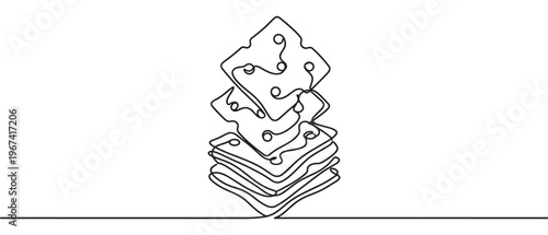Stack of cheese slices with holes is depicted in a continuous line art drawing style, creating a minimalist graphic