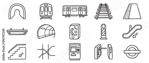 Collection of fifteen hand-drawn black and white line art icons representing various subway and public transport elements