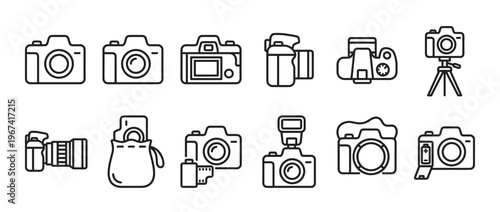 Collection of twelve black outline camera icons, illustrating various types of photographic equipment and accessories