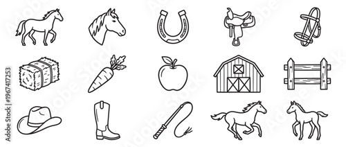 Collection of fifteen black outline cartoon style horse riding and farm related icons arranged in a grid