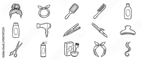 Collection of hand-drawn black and white line art icons depicting various hair care tools and accessories for styling