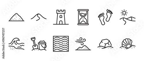 Collection of twelve simple black outline icons representing various sand and beach-related elements, presented in a clean, minimalist style
