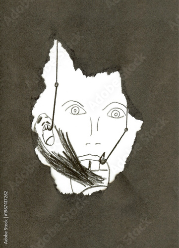 Dessin du visage d'une fille souffrant de dépression et d'anxiété.	