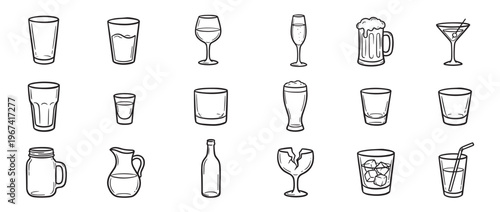 Collection of various hand-drawn beverage glasses and containers, including a broken glass, in a simple line art style