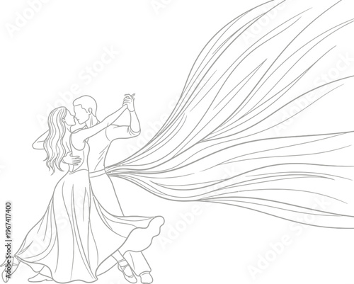 An elegant vector graphic illustration of a dancing couple engaged in a passionate ballroom embrace with dynamic flowing lines, showcasing artistic movement and grace.
