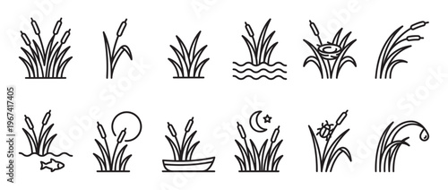 Collection of black outline cattail and reed plant icons, depicting various natural elements and activities in a clean, graphic style