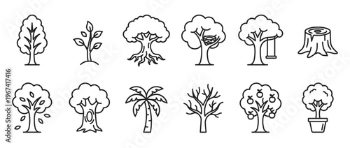 Collection of various tree icons, including a sapling, mature trees, a palm, a stump, and a potted plant, presented in a clean line art style