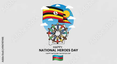 Uganda national heroes day celebration emblem with flag colors and symbolic wheel design