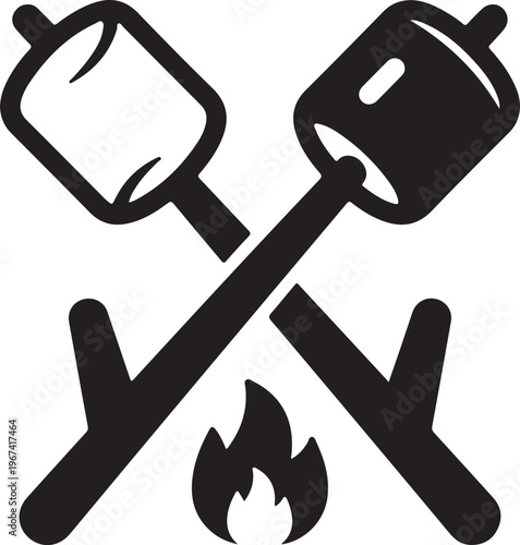 Two marshmallows on sticks over a campfire icon roasting