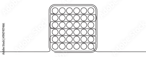 Black outline drawing of a rectangular pop-it fidget toy with many circular bubbles, rendered in a continuous line art style