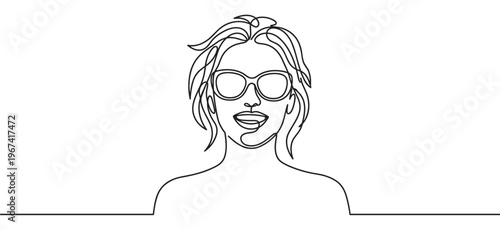 Continuous line drawing of a young woman with short hair wearing sunglasses and smiling cheerfully