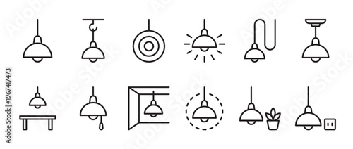 Collection of various simple black outline hanging lamp icons representing different lighting fixtures and styles