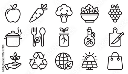 Collection of fifteen black outline icons representing healthy food, cooking, and sustainable living concepts