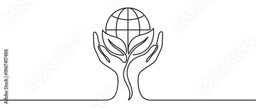 Continuous line drawing of hands holding a globe with leaves, symbolizing environmental protection and global sustainability