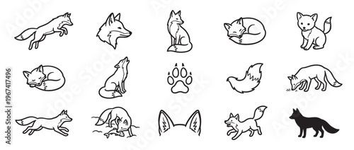 Collection of fifteen black outline fox illustrations in various poses and actions, including a paw print and ears