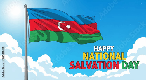 Azerbaijan flag waving on a pole with happy national salvation day text on a sunny blue sky background with clouds