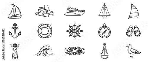 Collection of hand-drawn nautical themed icons including boats, anchors, compasses, and other maritime elements, presented in a clean, illustrative style