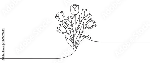 Beautiful continuous line drawing of a bouquet of tulips with elegant stems and leaves, presented in a minimalist style