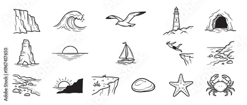 Various hand-drawn black and white line art icons depict diverse coastal and marine elements in a clean, illustrative style