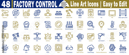 Factory Control liner Icons. Collection of sequencer cycle control, synchronize, acquire conveyor belt, robotic arm sensor control panel plc hmi safety light curtain status. vector illustration.