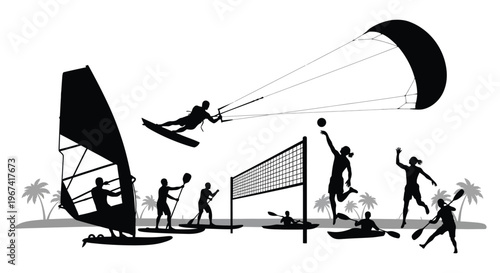 Beach activities including kitesurfing volleyball and paddling a striking silhouette