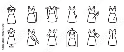 Collection of twelve black outline icons depicting various aspects of a sleeveless dress, from hanging to mending
