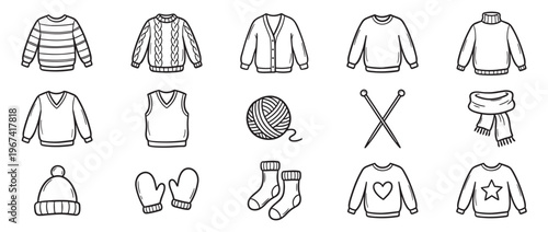 Collection of hand-drawn black and white doodle icons featuring various knitwear clothing and knitting accessories, presented in a clean, graphic style