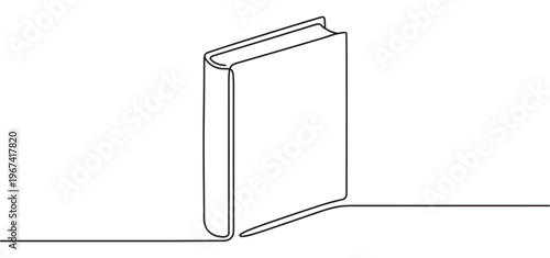 Single continuous line drawing of a standing hardcover book with a blank cover, depicted in a minimalist style