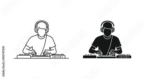 A dj mixing music with equipment depicted in a striking silhouette