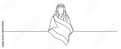 Continuous line drawing of a traditional Arab man wearing a thobe and ghutra, depicted with minimalist style