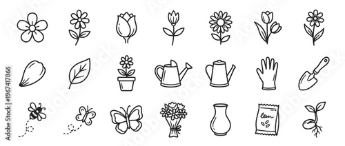 Collection of hand-drawn black outline gardening and nature icons, including various flowers, leaves, tools, and insects